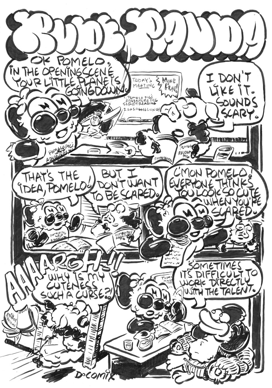 RUDE PANDA comic. Rude Panda and Kenny the Turtle are out late night on a painting mission when they spy Buffy the Graffiti slayer putting in work. Shes busy painting over some graffiti while Kenny and Panda hide in the alleyway and watch. When Buffy is done with her task and the wall is nice and freshly painted white, Kenny and Panda celebrate and procede to paint something new on the blank canvas of a wall.